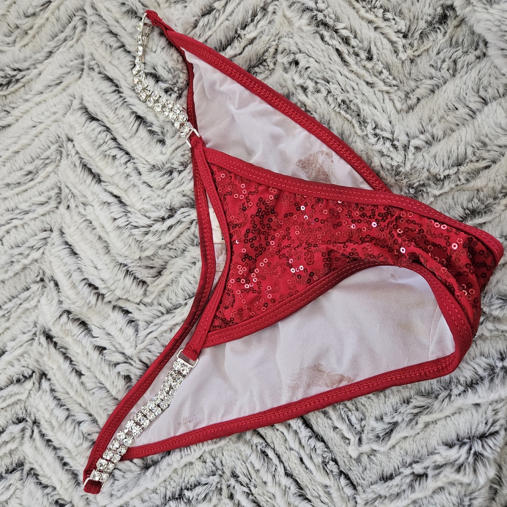 Fashion Nova Red Sequin Bikini Competition Suit with Rhinestone Straps